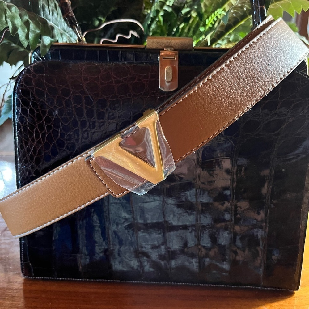 Tan Leather Belt with Gold Triangle Buckle. Medium to large